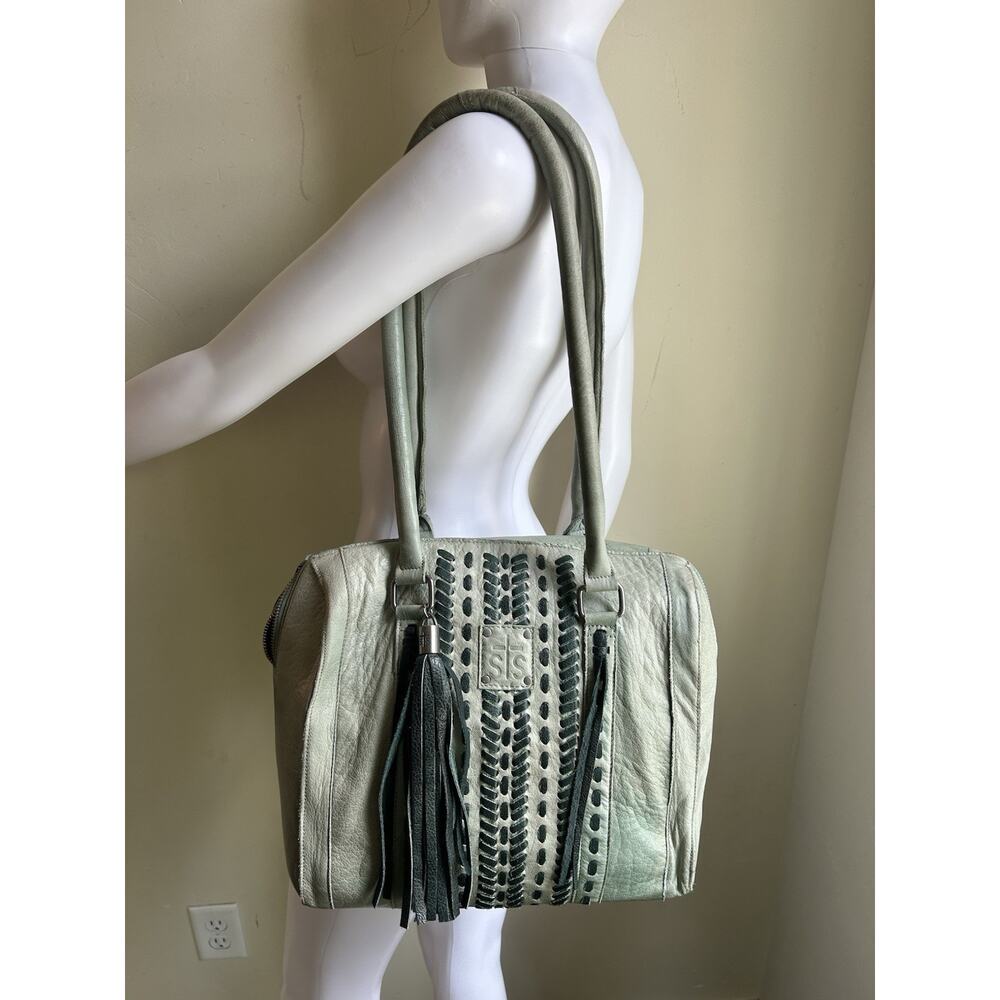 STS Ranchwear Marlowe Satchel Sea Foam Distressed Leather Shoulder Bag Tassel - Picture 2 of 16